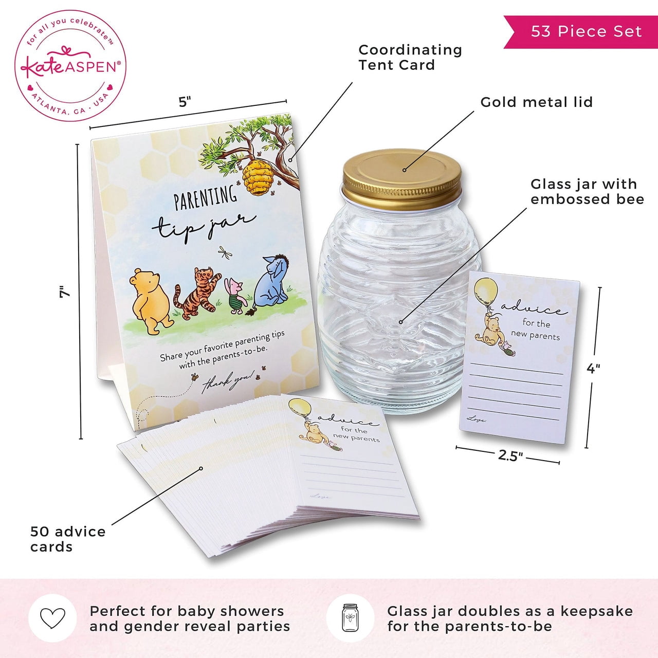 Kate Aspen Honey Bear Parenting Tip Jar For Baby Shower Game & Activity, Advice Cards & Bee Hive Shaped Jar with Lid, Nursery and Baby Shower Decoration