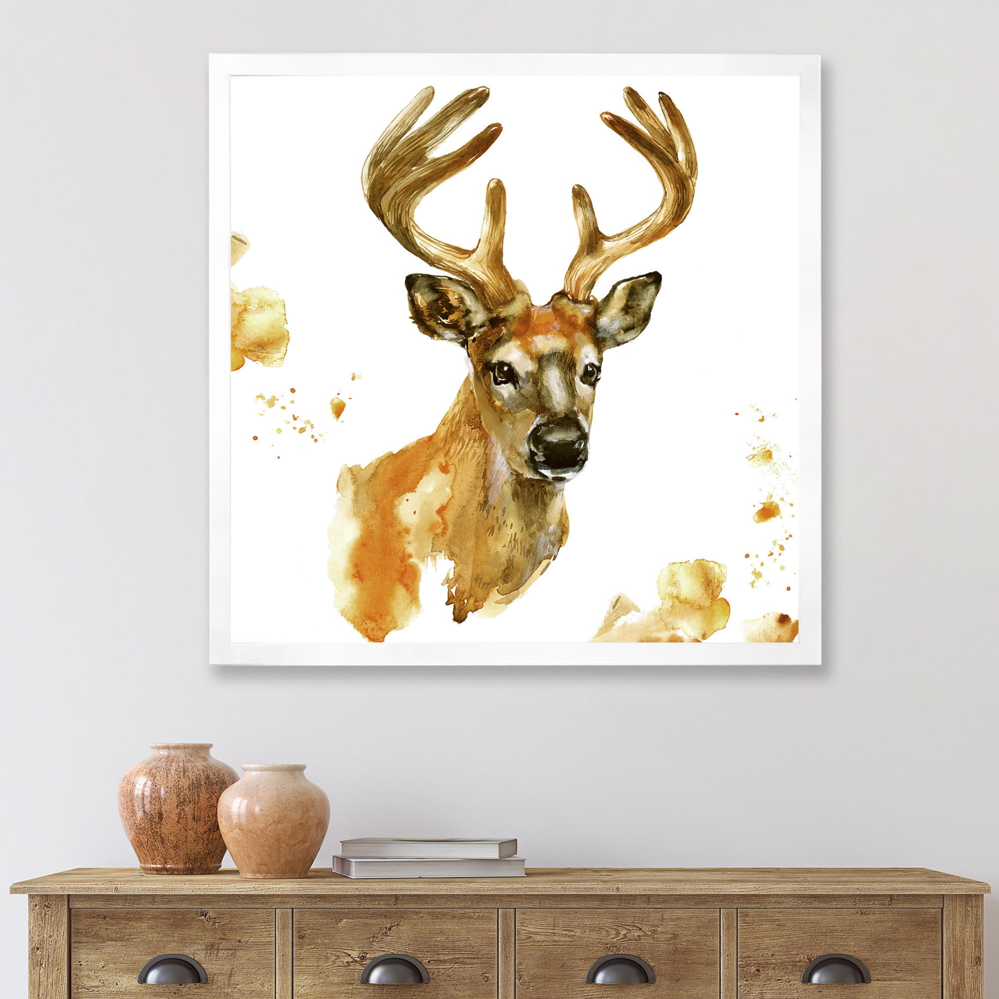 Designart 'Abstract Portrait Of Deer With Big Horns' Farmhouse Framed Art Print
