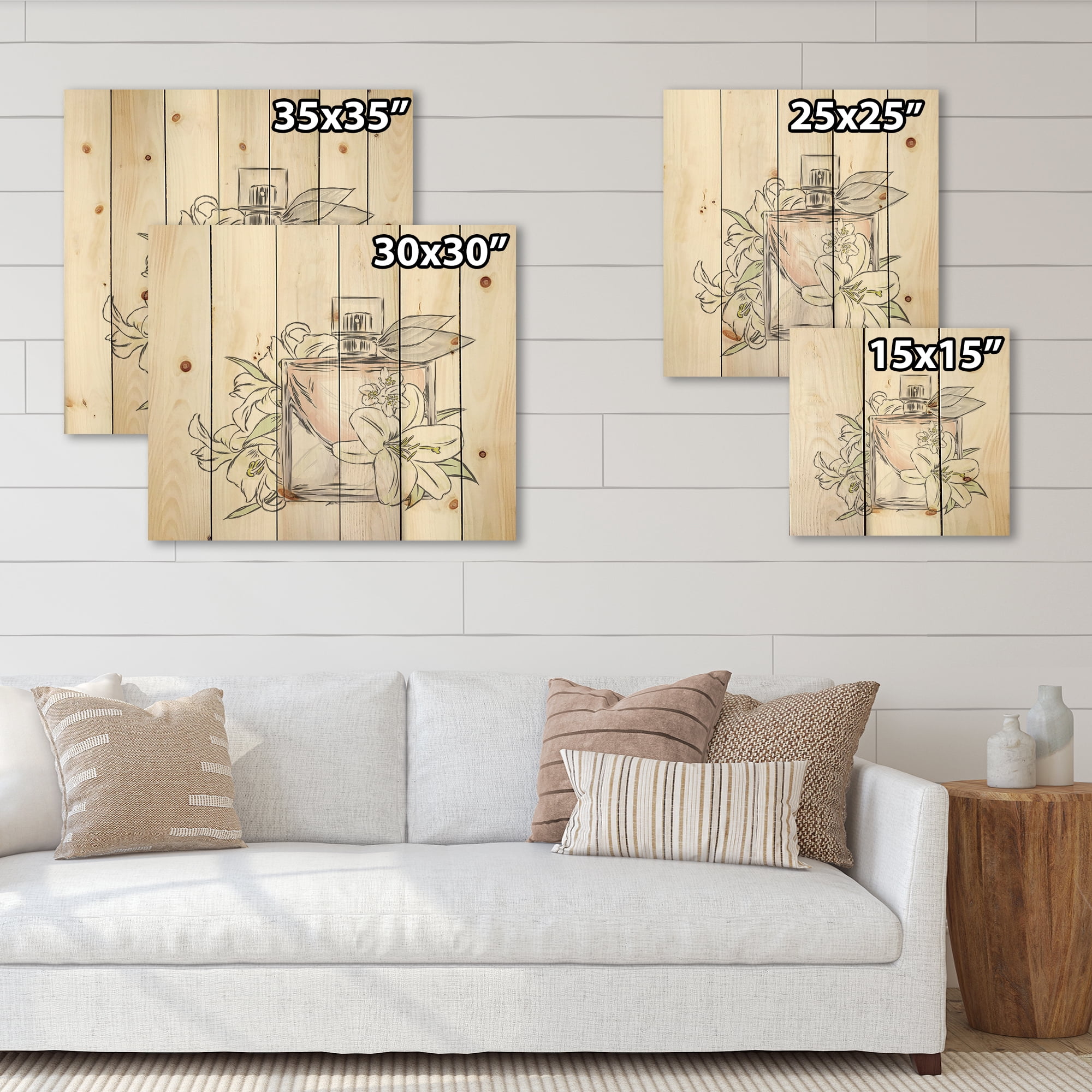 Designart 'Bouquet of Flowers and Perfume Bottle II' Traditional Print on Natural Pine Wood