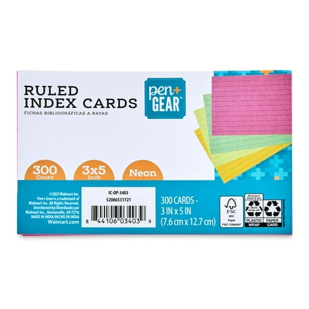 Pen + Gear Ruled Index Cards, Neon Assorted Colors, 300 Count, 3" x 5"