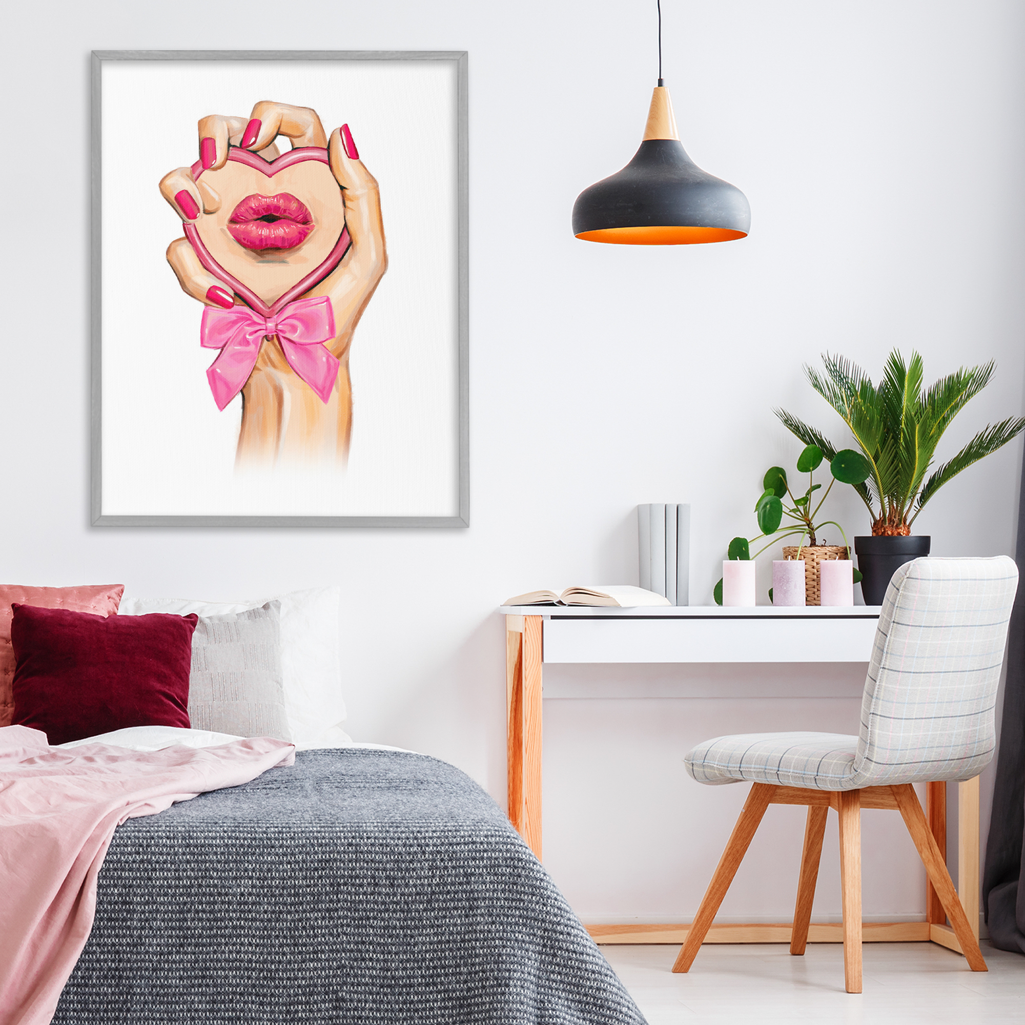 Pink Lips in Mirror Gray Framed Giclee Art, design by Ziwei Li