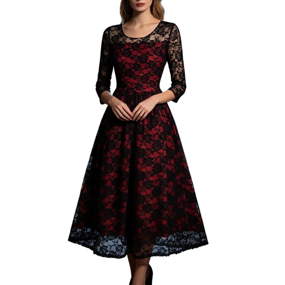 IWRICH Women's Gothic Party Dress Mesh Floral Embroidery A-Line Swing Dress Wedding Prom Dress Halloween Evening Gown