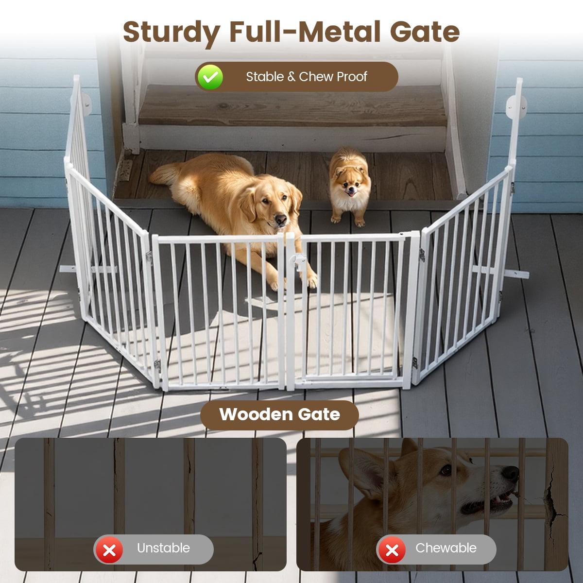 Pet Gate, Domipet 120''Extra Wide Foldable Dog Fence Indoor, 32''Height Dog Gate for Fireplace, Garden, White