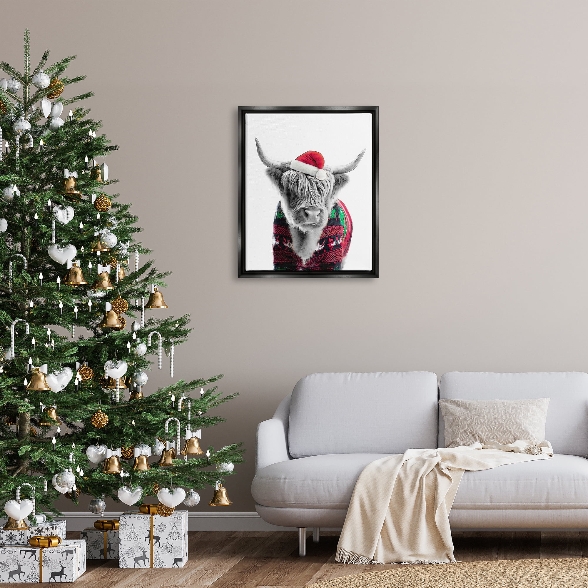 Stupell Industries Cow in Christmas Sweater Holiday Painting Black Floater Framed Canvas Art Print Wall Art, 25 x 31