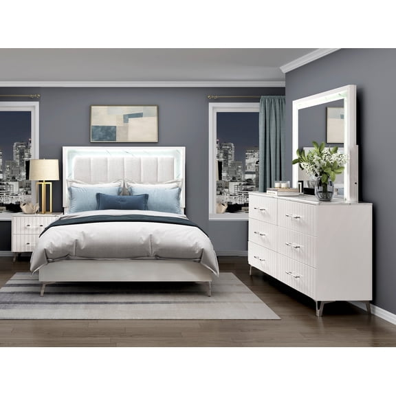 4pc Glam Bedroom Furniture Set White Finish Queen Size Bed LED Lighting