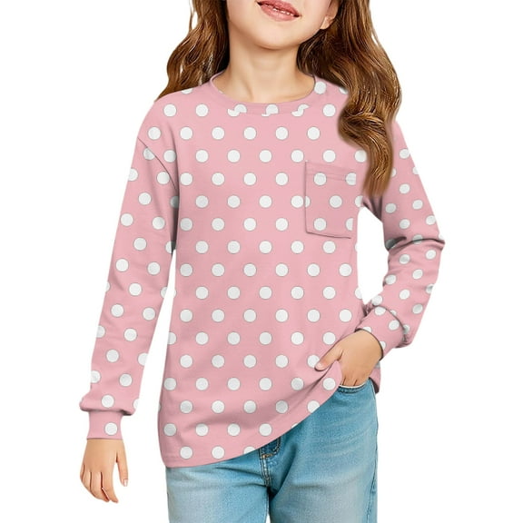 Homozy Polka Dot Print Girls Graphic T-Shirts Crew Neck Long Sleeve with Pockets Fall Spring Pullover Casual Tee Tops with Pockets Pink 11-12 Y