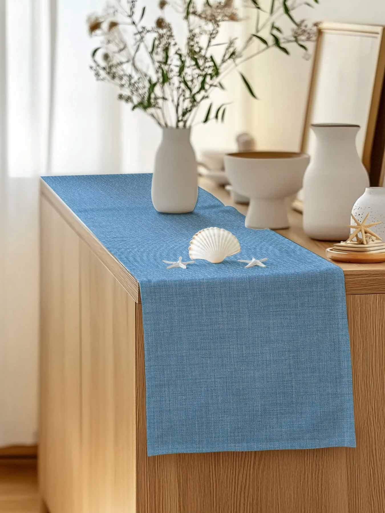 Table Runner 72 Inches Long for Kitchen Dining, Blue Dresser Scarf Farmhouse, Dining Table Decorations for Wedding/Parties, Farmhouse Burlap Solid Blue Color Modern Linen Texture 14 x 72 In