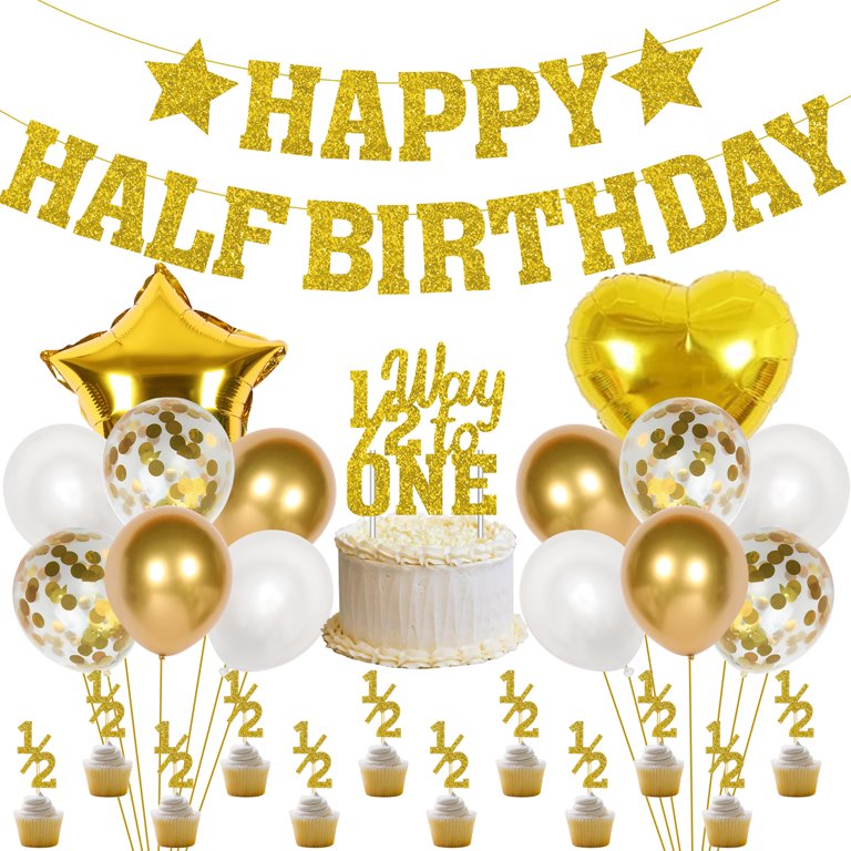 Half Year Old Birthday Party Decorations for Girls Or Boys Gold Glitter  Happy Half Birthday Banner 1/2 Way To One Cake Topper Balloons Set For 6  Months Birthday Party Supplies 