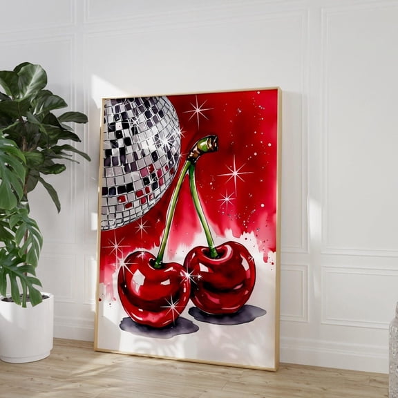 Red Cherry Disco Ball Print Y2K Preppy Wall Decoration, Unframed Paper Poster 8x10in