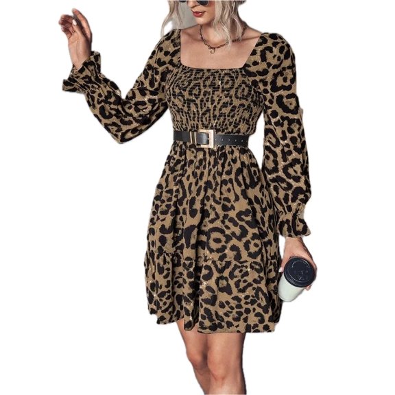 Women's Leopard Smocked Flounce Sleeve Mini Dress for Summer Parties Lightweight Polyester % Spandex % for events