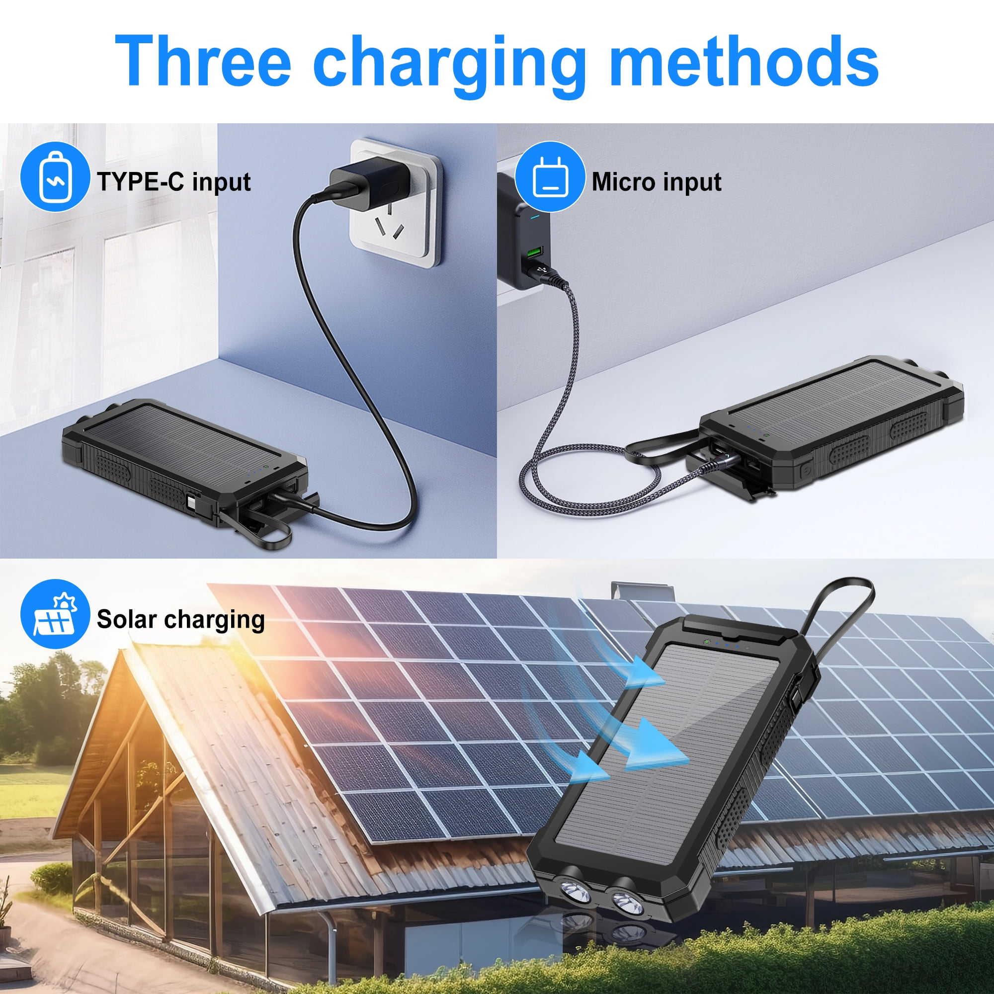 OWNTECH 20000mAh Solar Power Bank, QC3.0 Fast Charging, Dual USB Ports with Built-in LED Flashlight  Portable Solar Charger for All Smartphones and Apple Watch