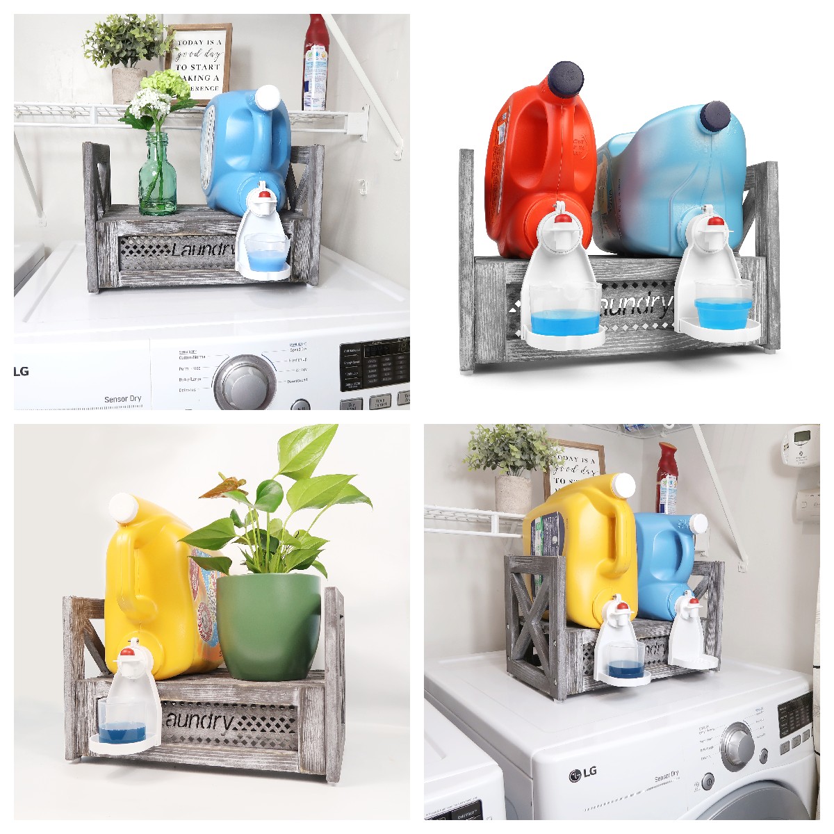 Farmhouse Laundry Soap Station- Laundry Detergent Dispenser Organizer-Hold Two Buckets, Rustic Grey