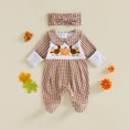 thumbnail image 2 of Cjfdfy Newborn Baby Girls Thanksgiving Turkey Outfits Pumpkin Turkey Embroidery Long Sleeve Plaid Footed Romper Headband My First Thanksgiving Fall Winter Outfit Little Turkey Clothes, 2 of 9