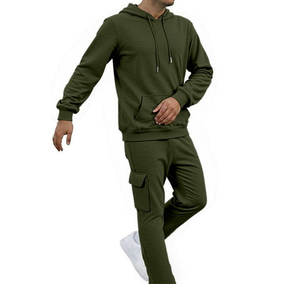 Men Sweatsuits Sets 2 Piece Casual Long Sleeve Hoodies Drawstring Cargo Sweatpants Joggers Men's Solid Color Relaxed Fit Tracksuit