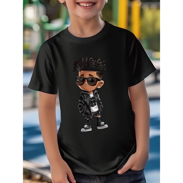 Boys' Cool Cartoon Character Print T-Shirt - Soft, Cotton, Casual Round Neck Short Sleeve Tee for Summer Fun