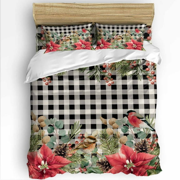 Christmas King Size Comforter Set, Red Green Poinsettia Floral Leaf Bird Linen Plaid Soft Bedding for All Seasons, 4 Pcs Bed Set with 1Comforter (90"x106") ,1 Sheet(94"x116"), 2 Pillowcases (19"x35")