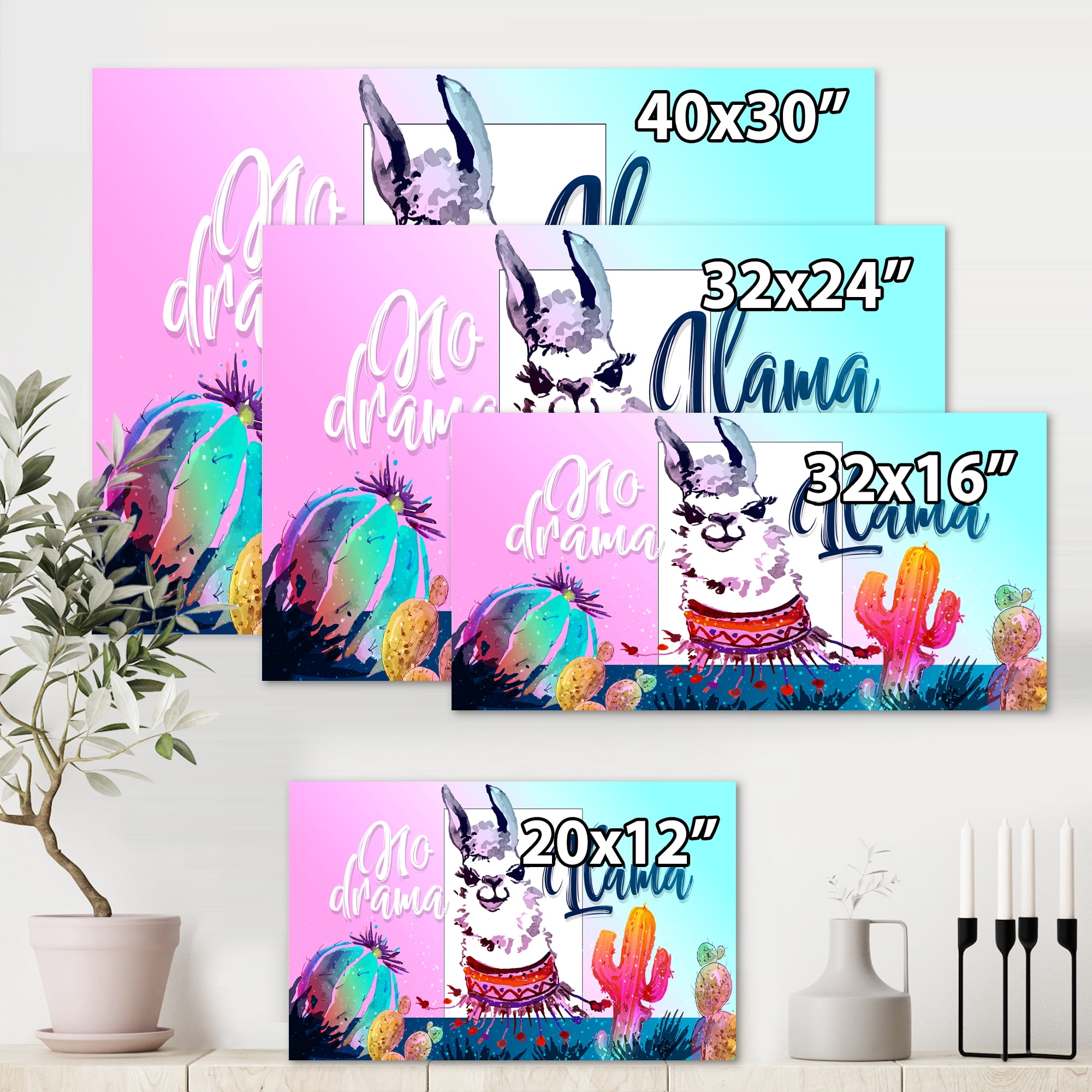 Designart ' No Drama and Colorful Llama ' Children's Art Canvas Wall Art Print
