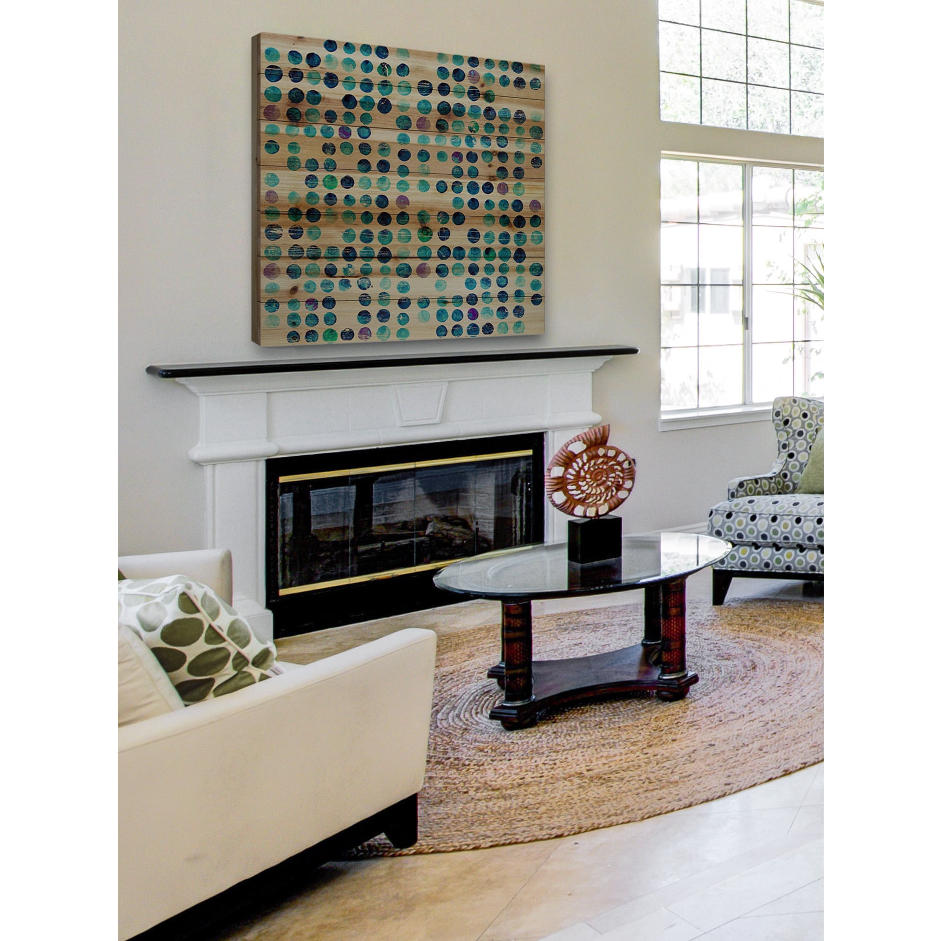 "Multi Blue Dots" Painting Print on Natural Pine Wood