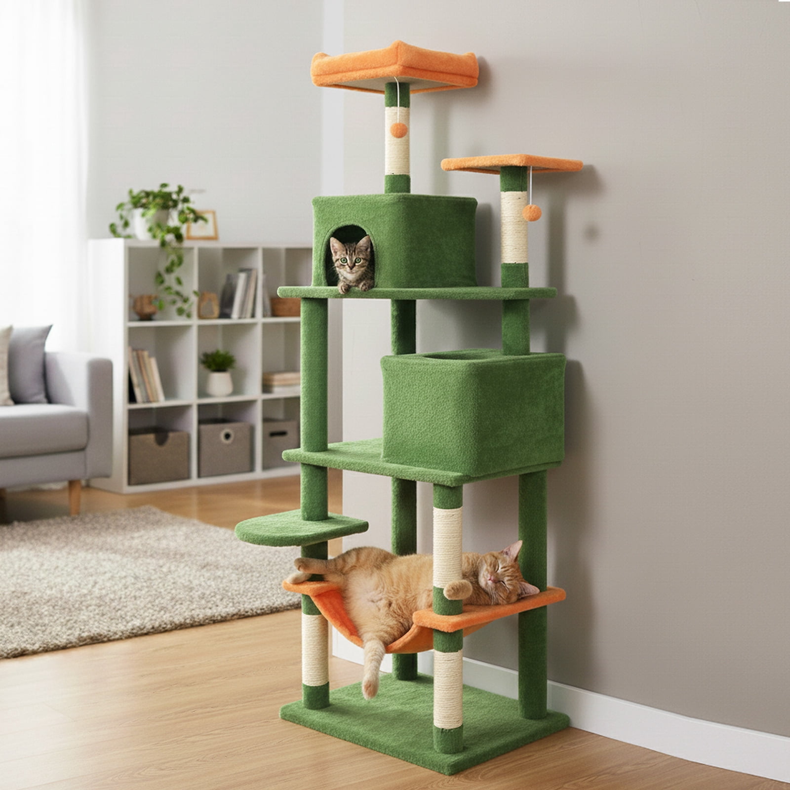 Costway 70” Cat Tree for Indoor Cats with Padded Top Perch, Dual Condos, Hammock, Platforms Green