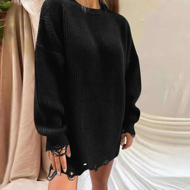 Suéter de cuello redondo para mujer, suéter de punto de cuello redondo de manga larga, suéter, tops de mujer