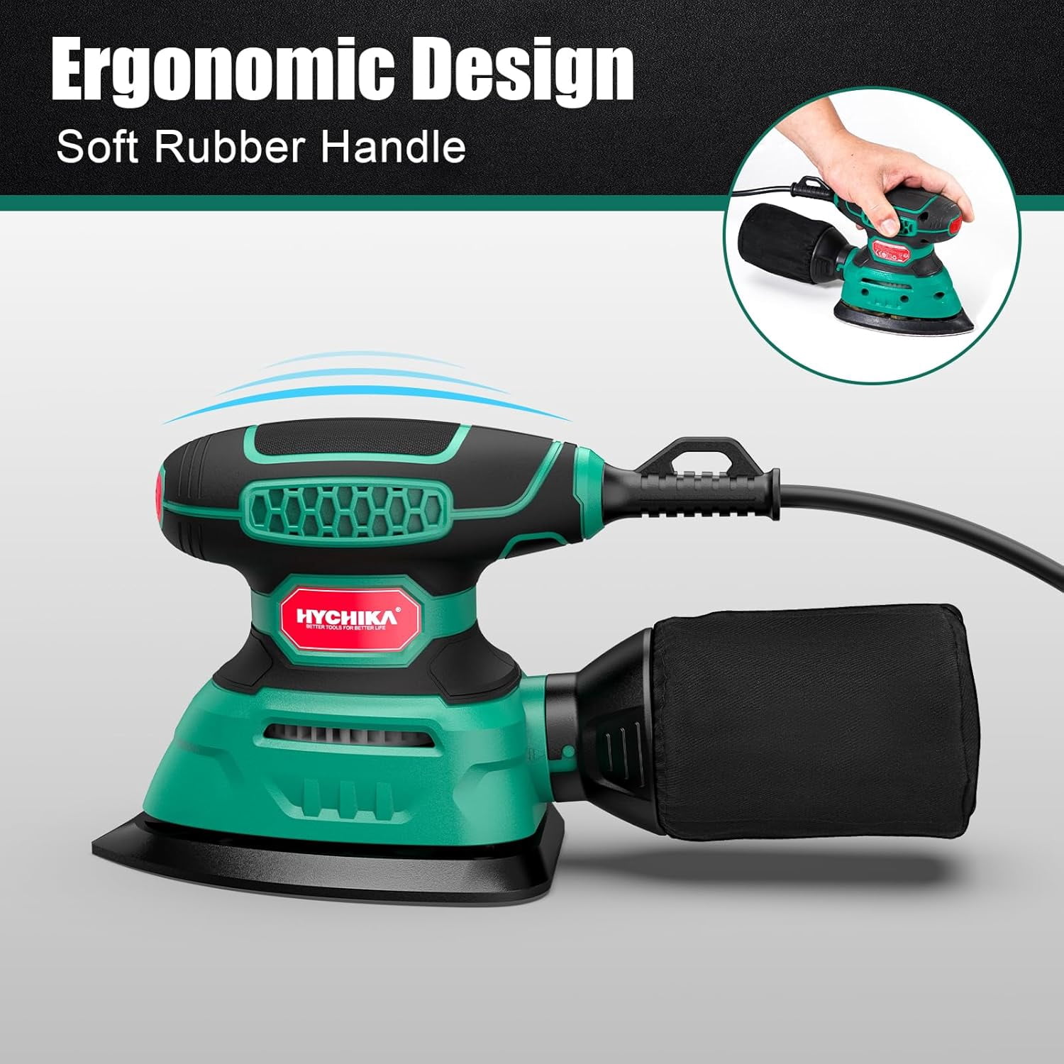 HYCHIKA Detail Sander, 13,000 Opm 1.2A Electric，with 12 Sandpapers & Dust Collection for Sanding & Polishing
