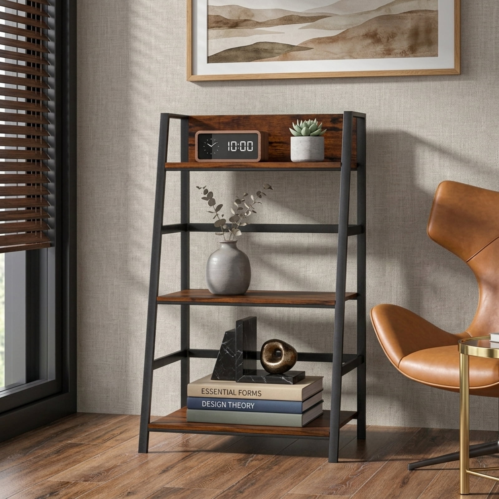 Furnibear 3-Tier Ladder Industrial Bookshelf with Metal Frame for Living Room Home Office Bedroom Display Storage Shelf, Coffee