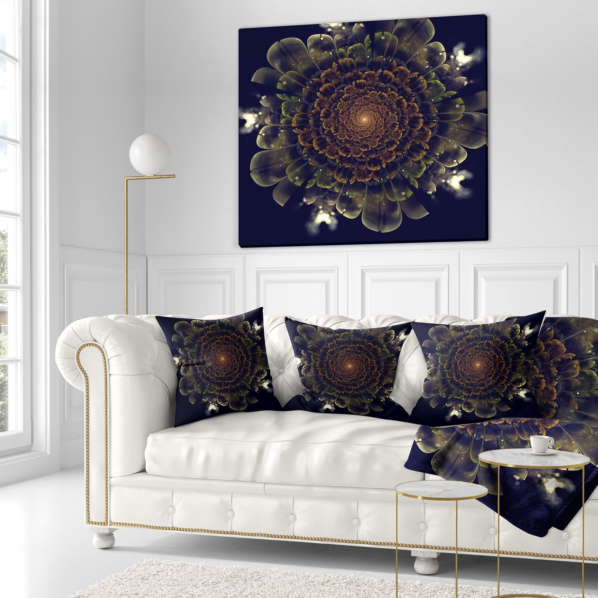 Designart Orange Fractal Flower with Green - Abstract Throw Pillow - 18x18