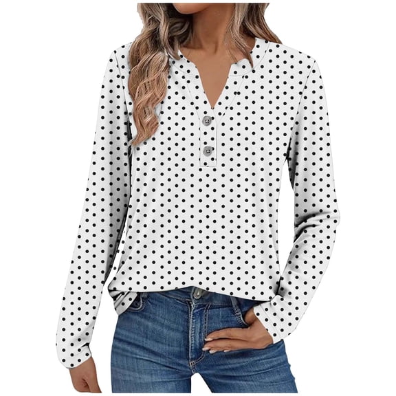 Besolor Women's Long Sleeve Shirts Trendy Polka Dots V Neck Button Tunic Tops Going out Dressy Blouses