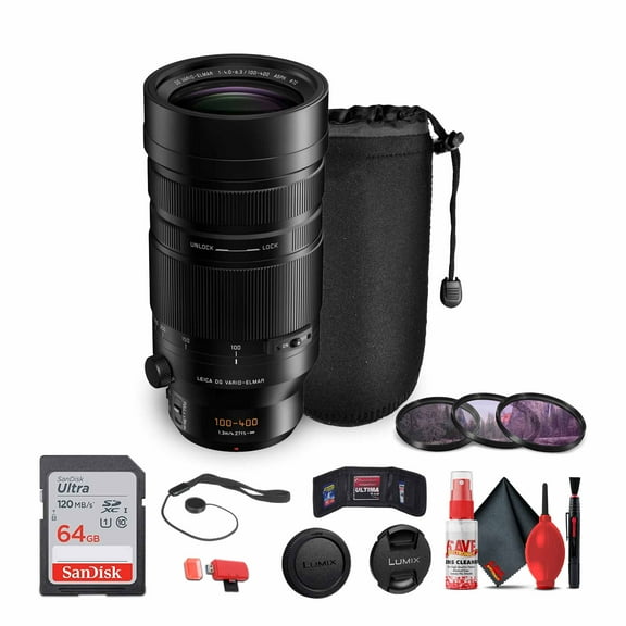 Panasonic Leica DG Vario-Elmar 100-400mm f/4-6.3 Power Lens (H-RSA100400) Bundle Including: 64 GB Memory Card, 3-Piece Filter Kit, Lens Pouch, Lens Caps, Lens Cap Keeper, Full Cleaning Kit, More