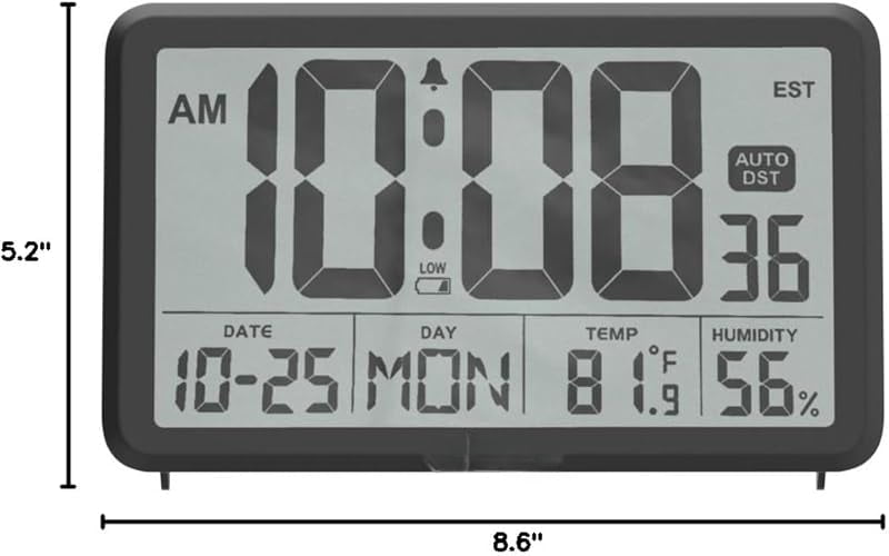 Auto Set Digital Wall Clock Battery Operated, Desk Clocks with Temperature, Humidity and Date, Large Display Digital Calendar Alarm Clock for Elderly, Bedroom, Office, 8 Time Zone, Auto DST.