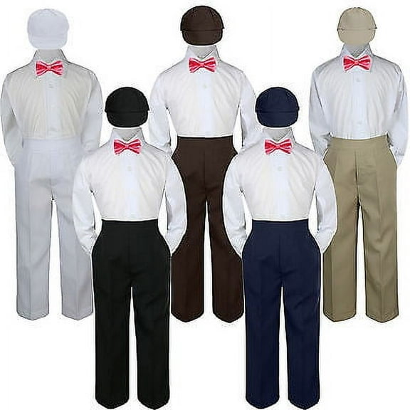 4pc Boy Suit Set Coral Sunset Pink Bow Tie Baby Toddler Kid Formal Hat Pants S-7