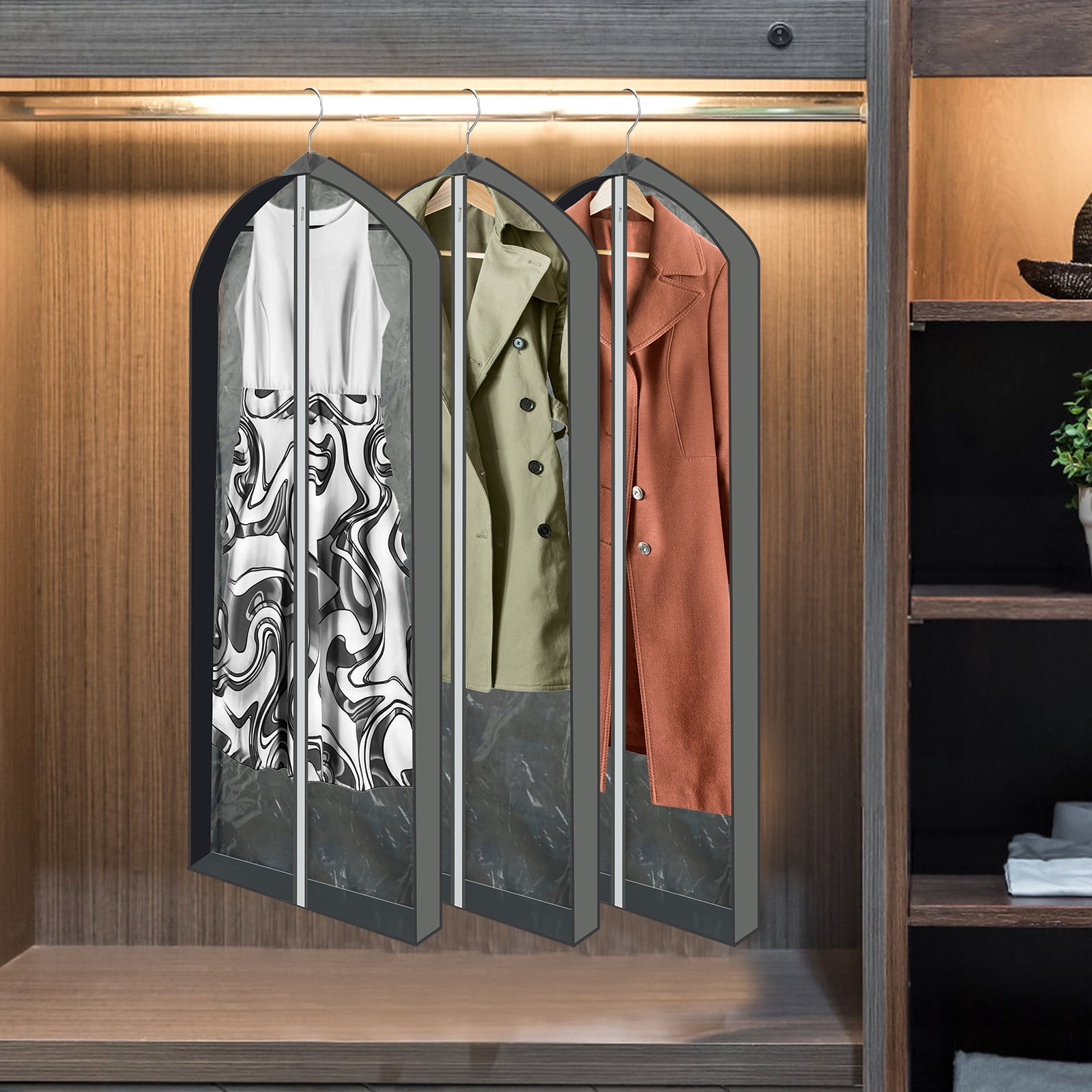 Vensio -60 Inch Hanging Garment Bags for Closet Storage 3 Pack, Clear Front Suit Protector Cover with Zipper for Long Dresses Coats and Gowns, Breathable Dustproof Clothes Bag for Travel Grey