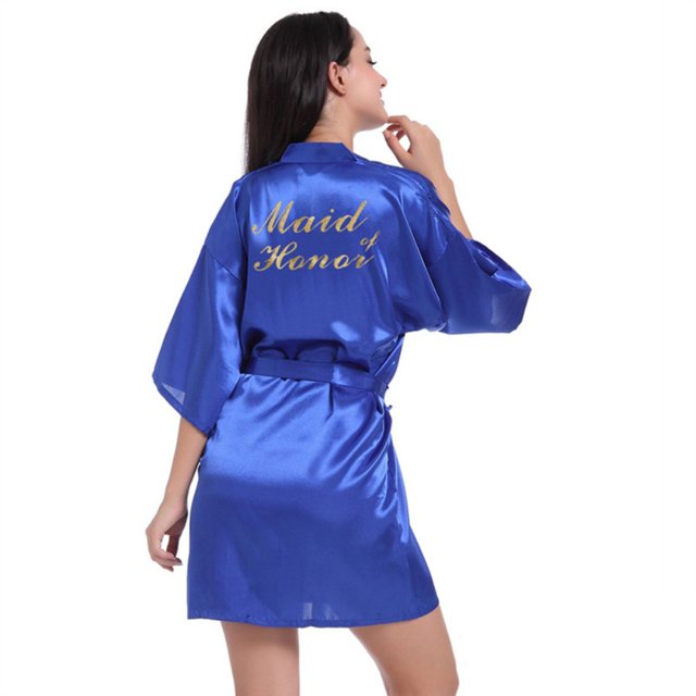 LYMAYTER Satin Sleepwear Robe for Women's Short Gilded Letters Bridal Party Bathrobe S-2XL