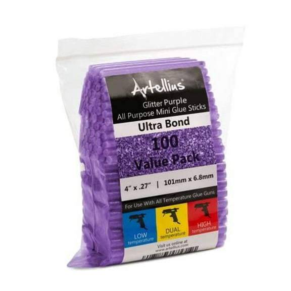 Artellius 100 Pack Hot Glue Sticks 4" x.27" - Ultra Bond Hot Melt Adhesive Mini Glue Sticks for All temperature, Purple Glitter