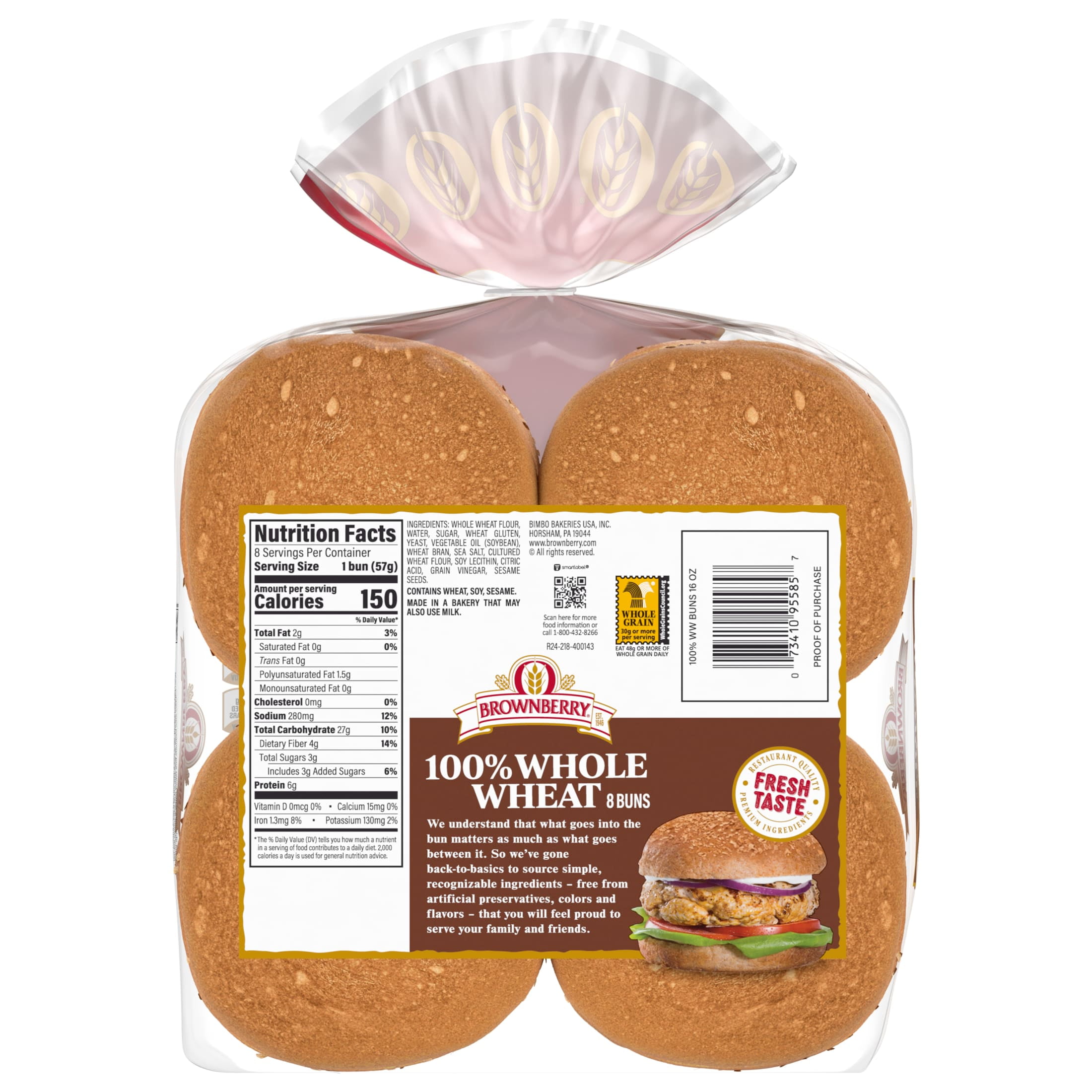 Brownberry Whole Wheat Buns, 8 count, 16 oz