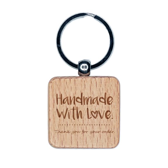 Handmade with Love Thank You For Your Order Square Keychain Charm Tag - Engraved Wood