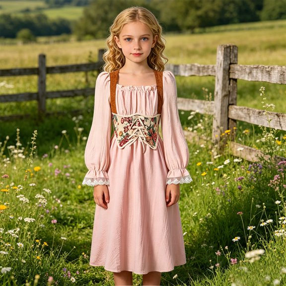 Girls Medieval Long Sleeve Dress French Court Style Floral Toddler A Line Party Gown