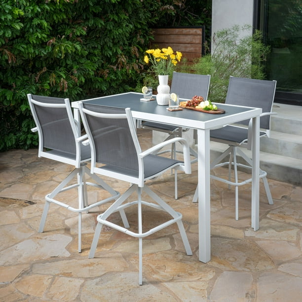 Hanover Naples 5 Piece Outdoor High Dining Set Sleek Glass Top Patio Table With 4 Swivel Bar Height Chairs Uv Rust And Water Resistant Aluminum Frames Napdn5pcbr Wht Com - High Outdoor Patio Tables