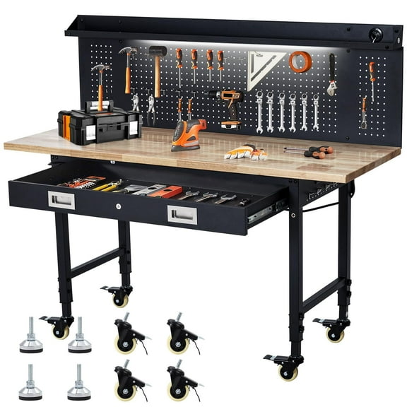 2025 New Adjustable Workbench for Garage, 60 x 22 inch Rubber Wood Top Workstation with Pegboard, Universal Wheels and Drawer, 2000 Lbs Load Capacity Shop Table with Power Outlets for Workshop
