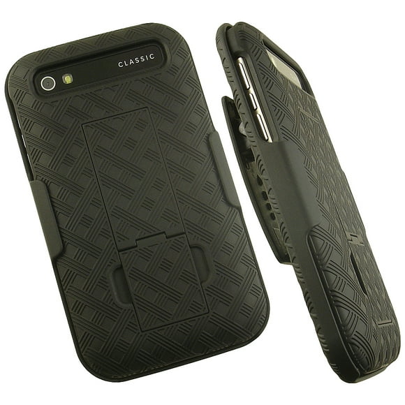 Case with Clip for BlackBerry Classic Q20 Q25 Phone, Nakedcellphone Kickstand Hard Cover + Belt Hip Holster Holder Combo - Black Tread