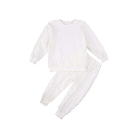 

Canrulo 2Pcs Toddler Baby Girl Boy Solid Sweatsuit Set Basic Knit Pullover Tops Pants Fall Winter Outfits White 2-3 Years