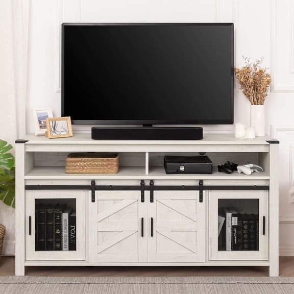 WAMPAT 59" Farmhouse TV Stand for 65 Inch TV, Wood Entertainment Center with Sliding Barn Doors & Mesh Doors, Antique White