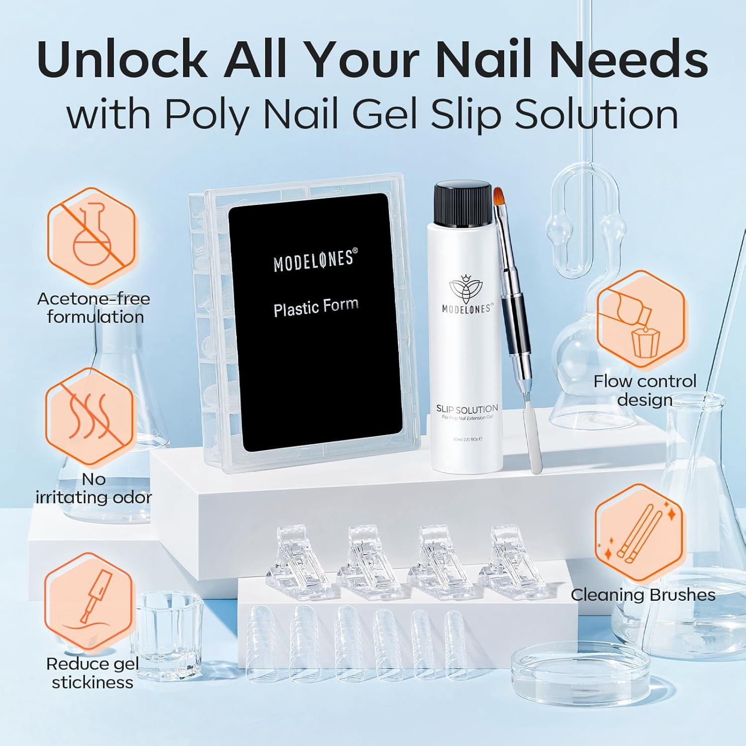 modelones Slip Solution for Poly Gel, 2.8oz Anti-Stick Gel Liquid for Poly Gel Nails with 120Pcs Flat Dual Nail Forms Nail Tips Clips Kit