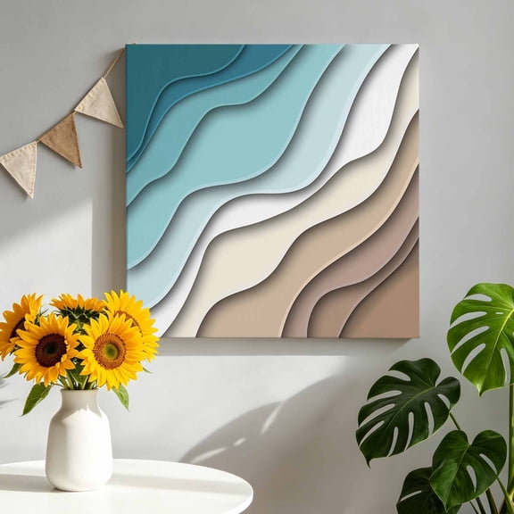 Canvas Wall Art Abstract Geometric Canvas Art Print Teal Brown Gradient Waves Beach Pictures Wall Decor for Living Room Bedroom Artwork Decorations Stretched Framed Ready to Hang 12"x12"
