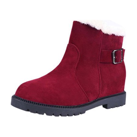 

hopeusnice Women s Winter Boots Warm Fuzzy Fleece Lined Ankle Booties Buckle Closure Suede Snow Boots Comfortable Platform Wedge Heel Shoes Red 37