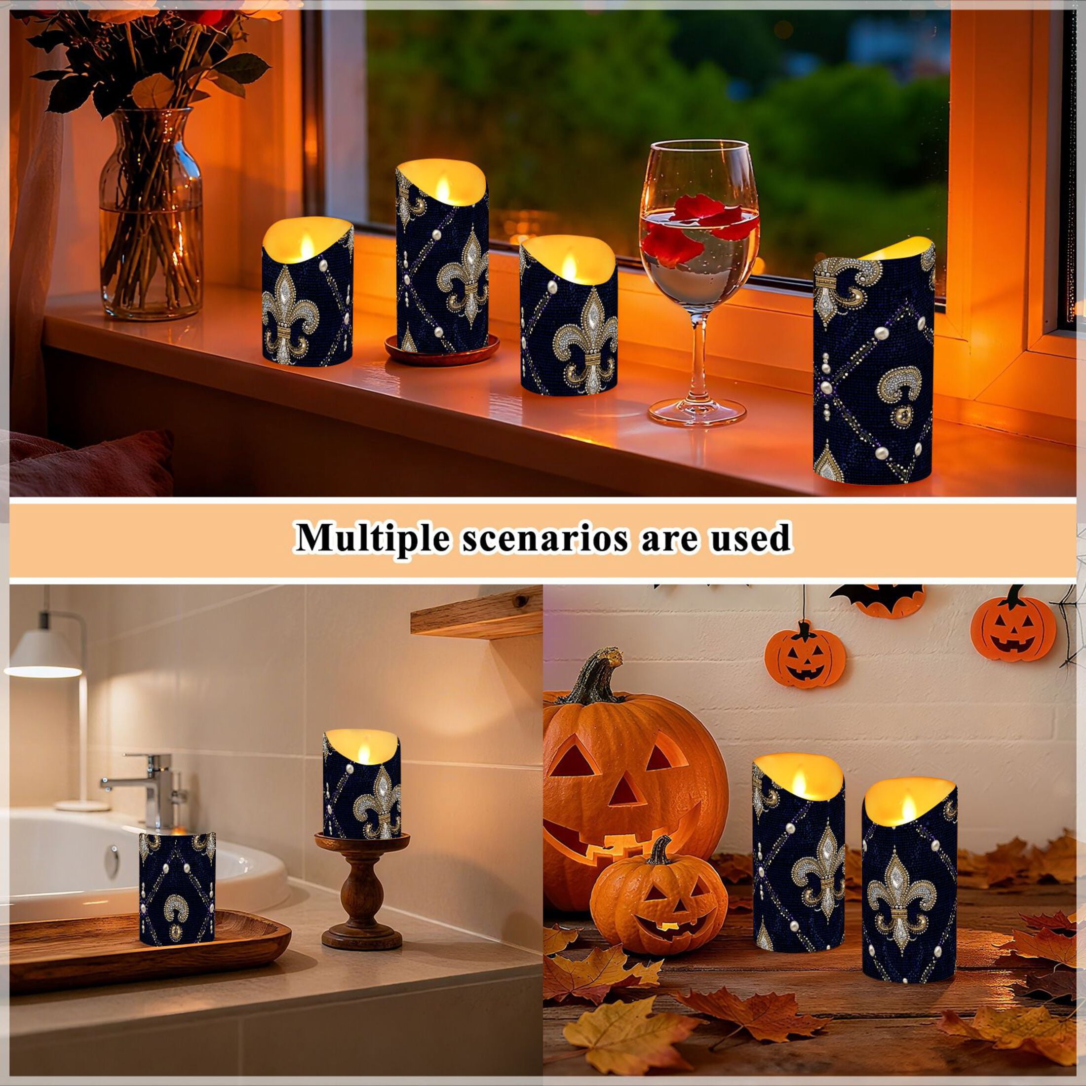 Mardi-gras Flowers with Pearls Flickering Flameless Candles with Remote Timer Battery Operated LED Tealight Set of 2 M