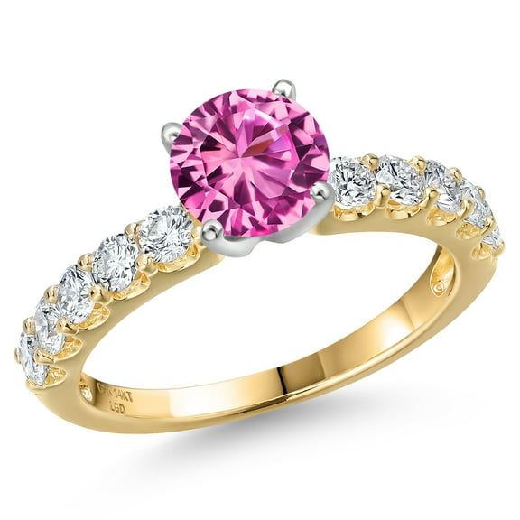 Gem Stone King 14K Two Tone Gold Pink Created Sapphire and Lab Grown Diamond Engagement Ring for Women | 1.65 Cttw | Round 6MM | Gemstone September Birthstone | Size 7