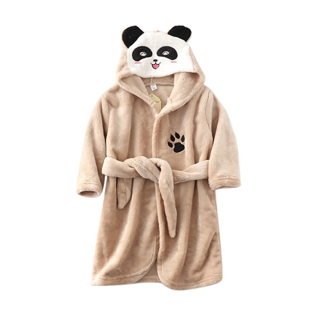 Hiiyo Toddler Girls Flannel Bathrobe Cartoon Panda Hooded Sleepwear Night-Robe Homewear