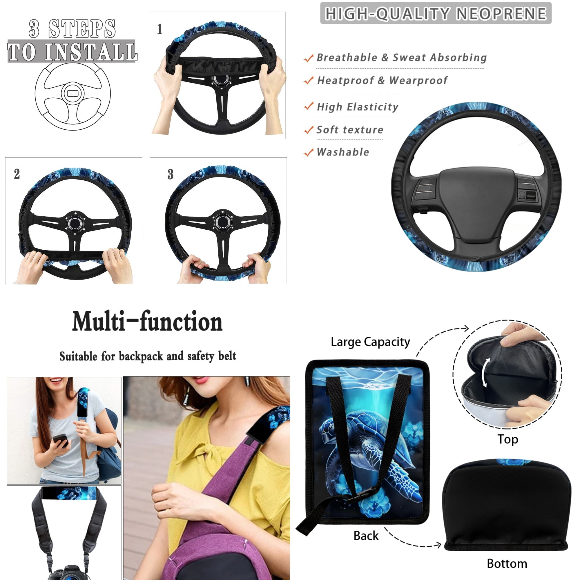 Yuyamidu Blue Sea Turtle Car Seat Cover Full Set with Steering Wheel Cover Hibiscus Seat Belt Strap Cover Trash Can Rear View Mirror Cover Cup Coasters Keychain Air Vent Storage Bag, 15 PCS