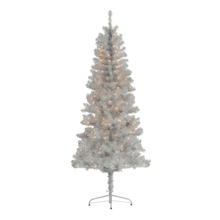 Holiday Time Pre-Lit Silver Tinsel Christmas Tree, 6.5',